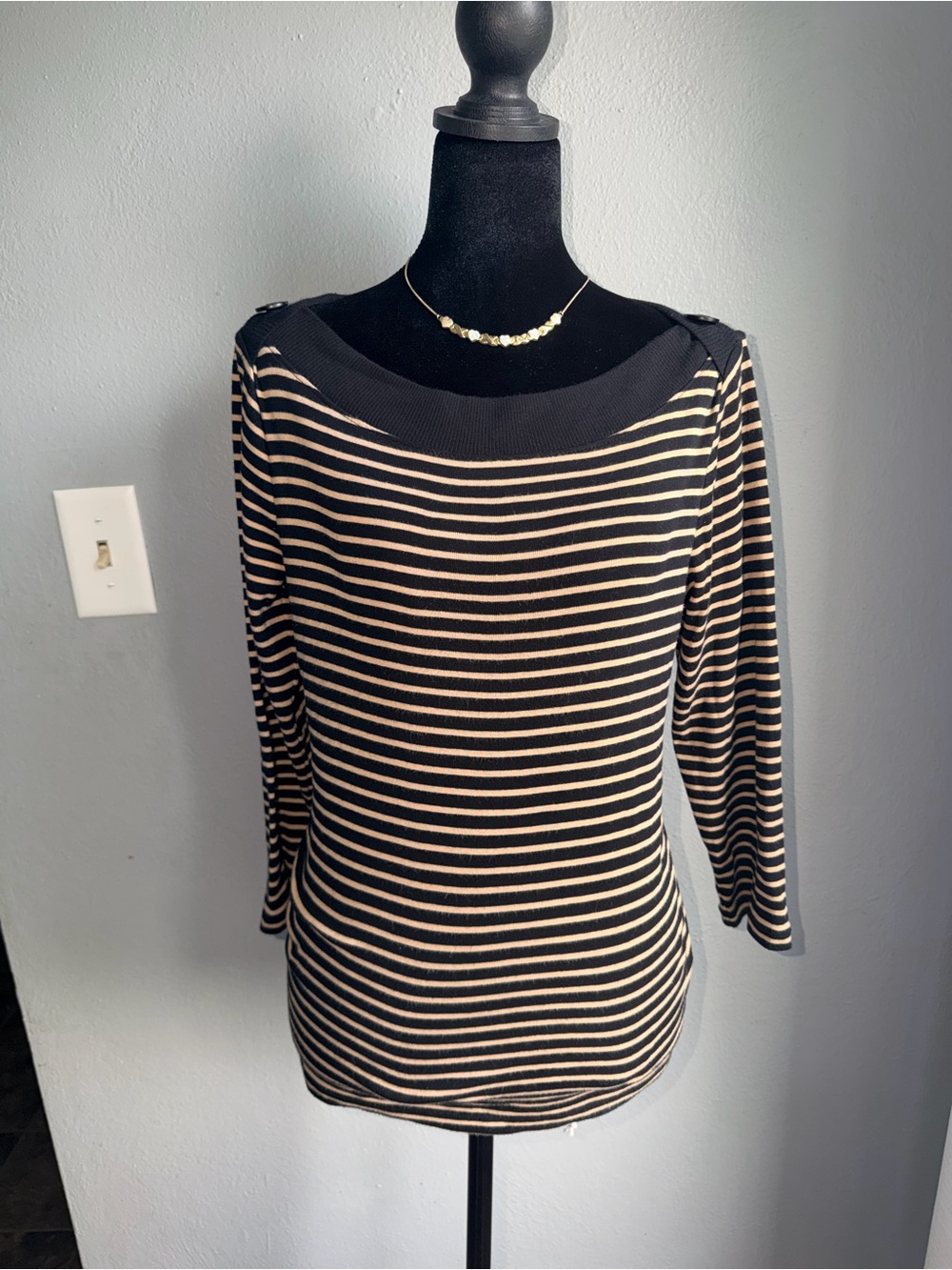 Ralph Lauren Black and Cream Striped Boatneck Long Sleeve Top